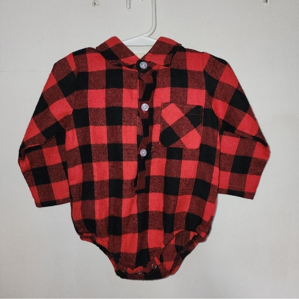 Red and Black - Flannel Collared Bodysuit with Buttons - 0-6 months